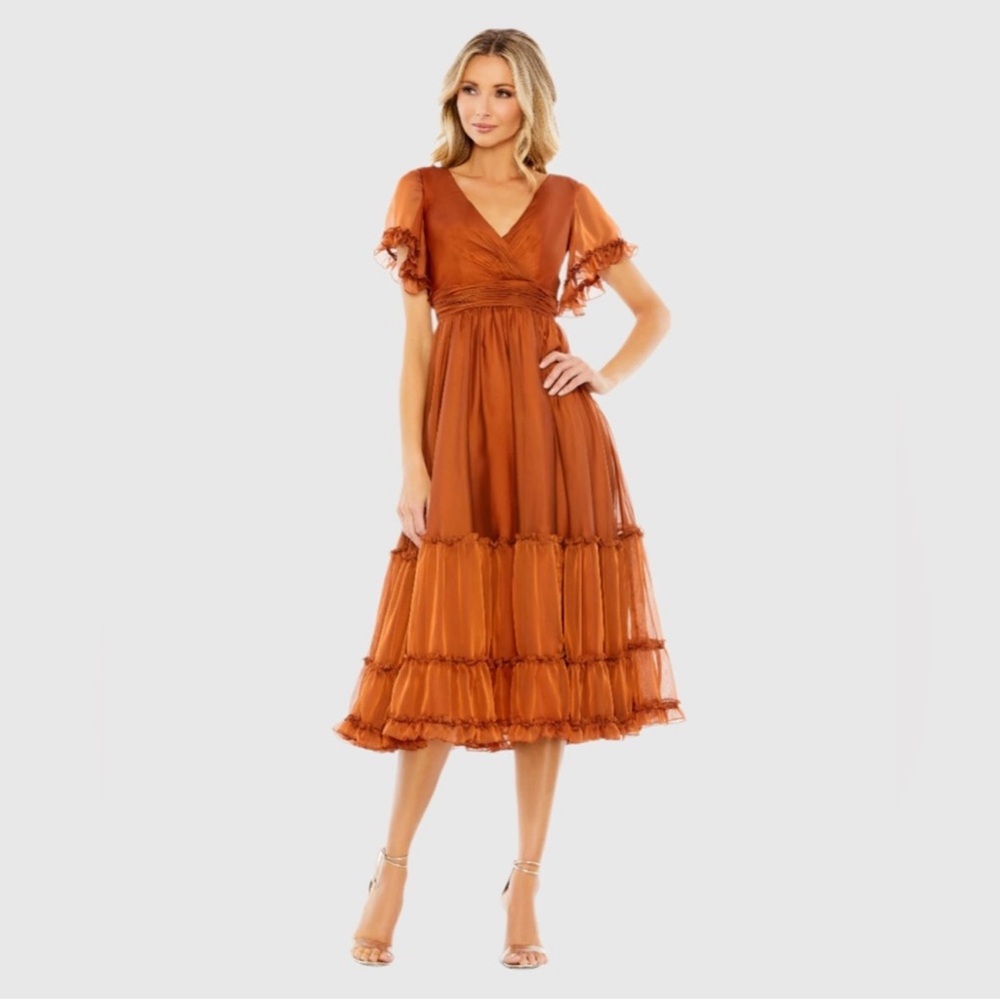 Mac Duggal Rust Midi Dress with Ruffle Accents